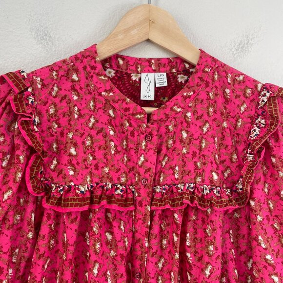 Joie Womens Large Pink Floral Ruffled Peasant Blouse Long Sleeve Shirt Top - Picture 8 of 11